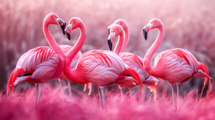 Illustration of pink flamingos in pink grass