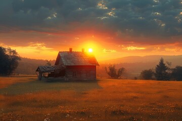 Fototapeta premium A weathered wooden cabin sits abandoned in a field basked in the glow of a surreal sunset