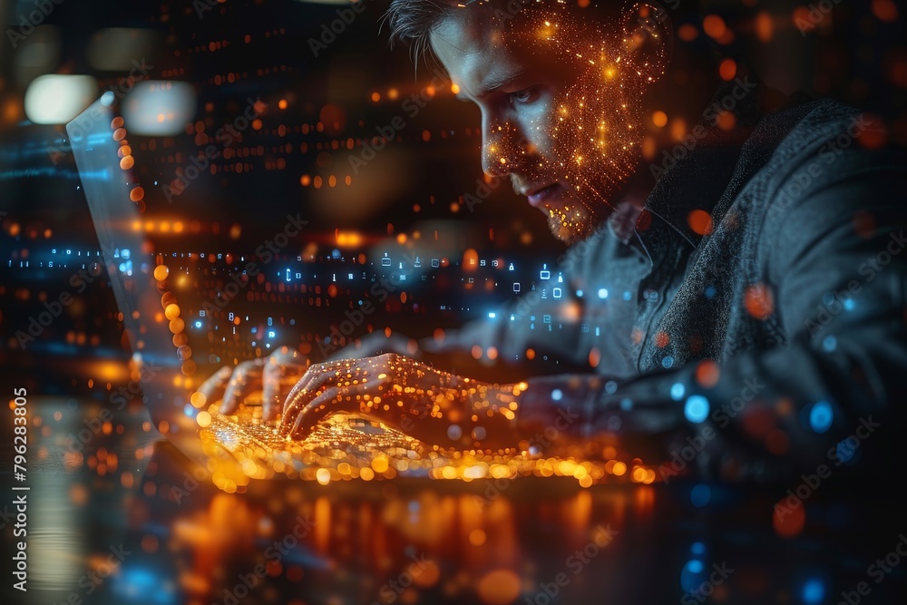 Poster an intense image of a man with a digital interface surrounding him, depicting modern connectivity wi