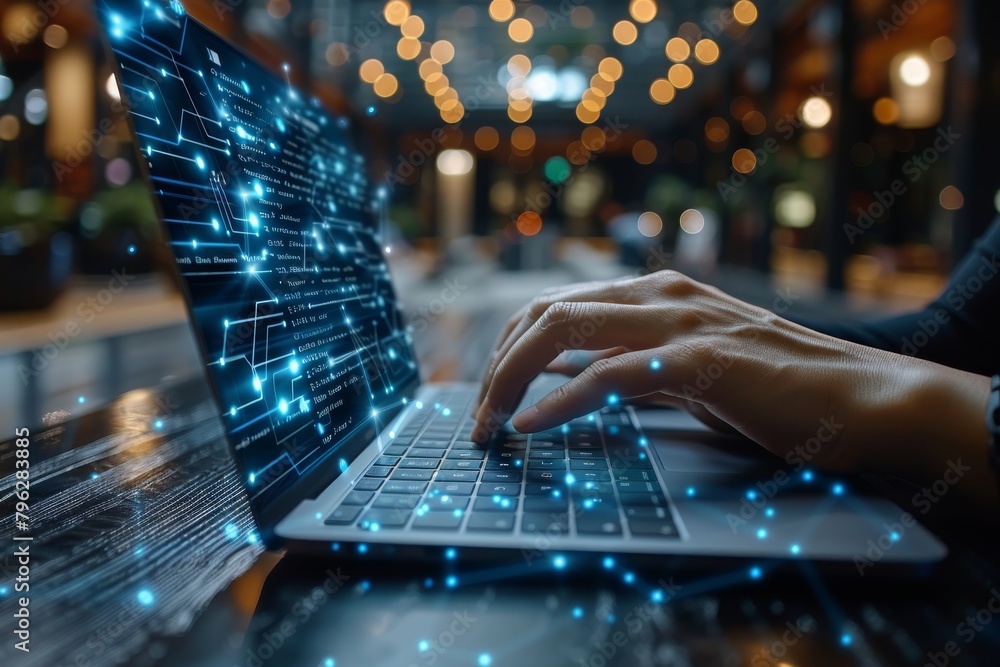 Poster close-up of hands typing on a laptop that projects a futuristic digital screen, symbolizing advanced