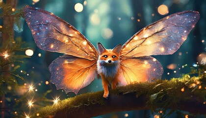 Twilight Moth Fox - A fox with large, twilight-colored moth wings, resting on a branch  - obrazy, fototapety, plakaty