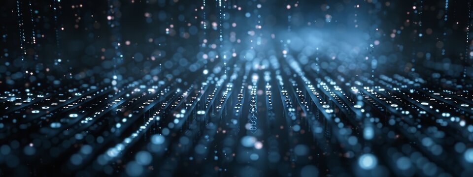 A binary code pattern cascading down a dark background, symbolizing the fundamental language of computers.