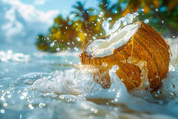 A fresh coconut bursts open amidst sparkling sea waves