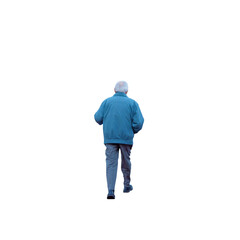 Homme d'environ 70 ans, vu de dos, il marche les mains dans les poches, il fait froid, il a un blouson bleu clair, un pantalon et les cheveux gris. 