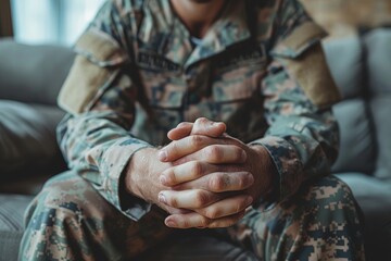 A close-up shot displaying the strong, interlocked hands of a military individual in uniform, symbolizing readiness and discipline - obrazy, fototapety, plakaty