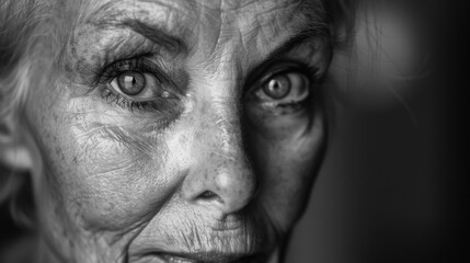A black and white portrait of a weathered and experienced actress her lined face and wise eyes a testament to the journey she has taken in the competitive world of acting. .