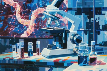 Gene Therapy: Artistic Illustration of Genomic Medicine Research Under Microscope in Studio Setting
