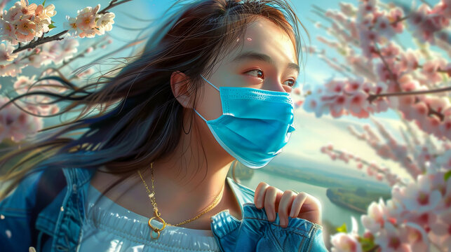 A beautiful girl with long brown hair wearing a blue mask standing in a field of cherry blossoms.