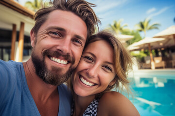Fototapeta premium Picture generated with AI of cheerful happy couple enjoy expensive resort vacation