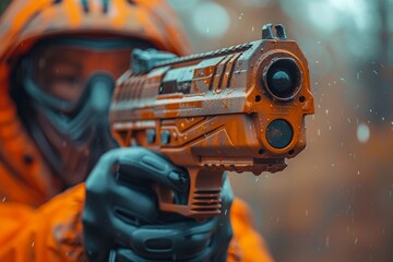 An individual in an orange hazmat suit points a weapon forward, implying action and intensity
