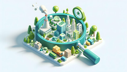 3D Flat Icon: Precision Green - A Detailed Magnifying Glass Uncovers the Intricate World of Zero Waste Living in Isometric Scene
