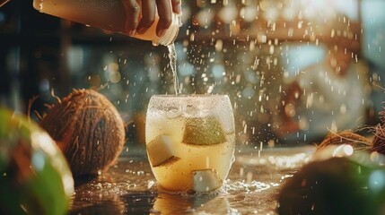 A beautiful image of a coconut-based drink being prepared, with the refreshing taste and health benefits of the coconut water. - obrazy, fototapety, plakaty