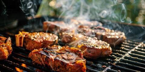 meat on the barbecue, pork steaks with smoke, smoked meat on grill - obrazy, fototapety, plakaty