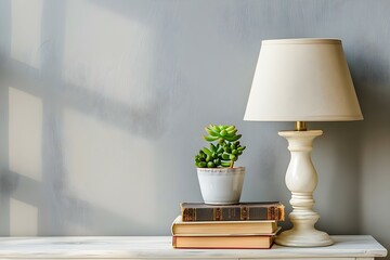 Mockup of lamp books and succulent on a shelf against empty wall. Concept Home Decor, Interior Design, Shelf Styling, Minimalist Decor, Mockup Display