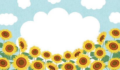  ひまわり 向日葵と空と雲の水彩画フレームイラスト