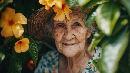 An elderly woman adorned with a hat featuring colorful flowers on her head