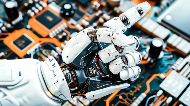 Close-up hand of a white humanoid robot with index finger extended and pointing at something on a circuit board.