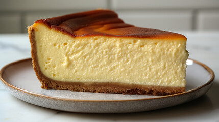 Velvety Cheesecake Slice On Plate With Caramelized Top, Perfect Dessert Detail