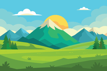 Cartoon flat panorama of spring summer beautiful nature, green grasslands meadow with mountains on horizon background, summer mountain landscape, dawn over the valley