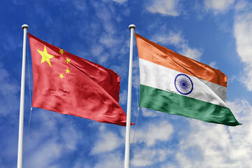 3d illustration. China and India Flag waving in sky. High detailed waving flag. 3D render. Waving...