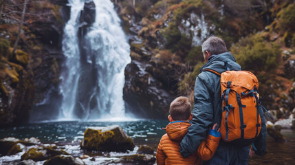 A man and a child stand in front of a powerful waterfall, both looking up in awe at the rushing water cascading down the rocks