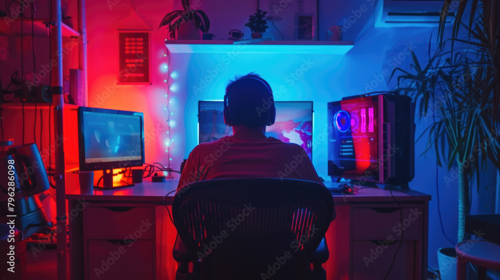 Poster a person is seated in a chair working on a computer in this indoor setting. the individual appears f