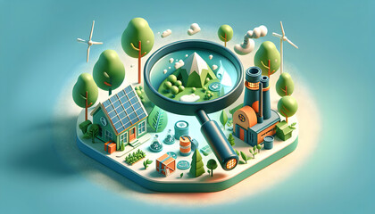 Sustainable Spotlight: 3D Flat Icon of Eco-Friendly Achievements with Magnifying Glass on Abstract Wallpaper - Isometric Scene