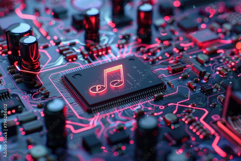 Poster Close-up of a circuit board with a music note symbol. Suitable for technology or music related projects