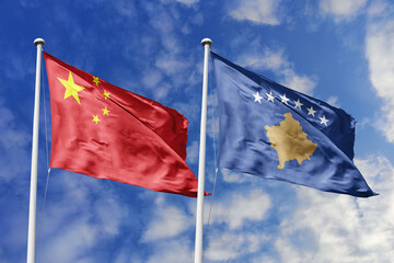 3d illustration. China and Kosovo Flag waving in sky. High detailed waving flag. 3D render. Waving...