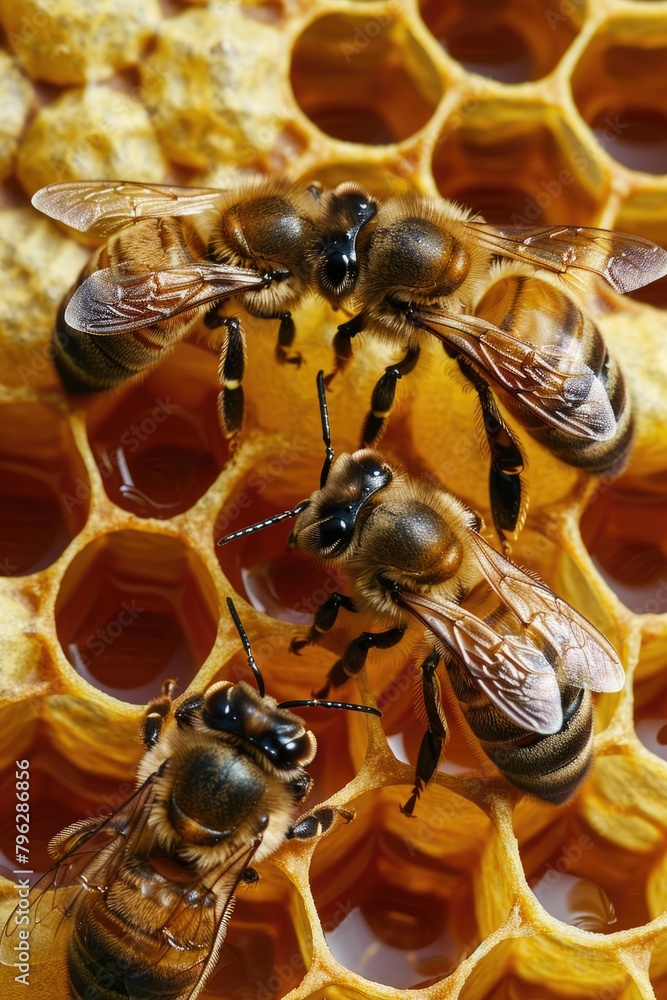Poster a group of bees sitting on a beehive. suitable for nature or wildlife concepts