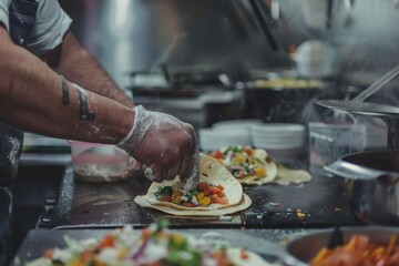 Person making taco on kitchen table. Perfect for food blogs - obrazy, fototapety, plakaty