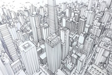 Detailed drawing of a bustling metropolis, suitable for urban design projects