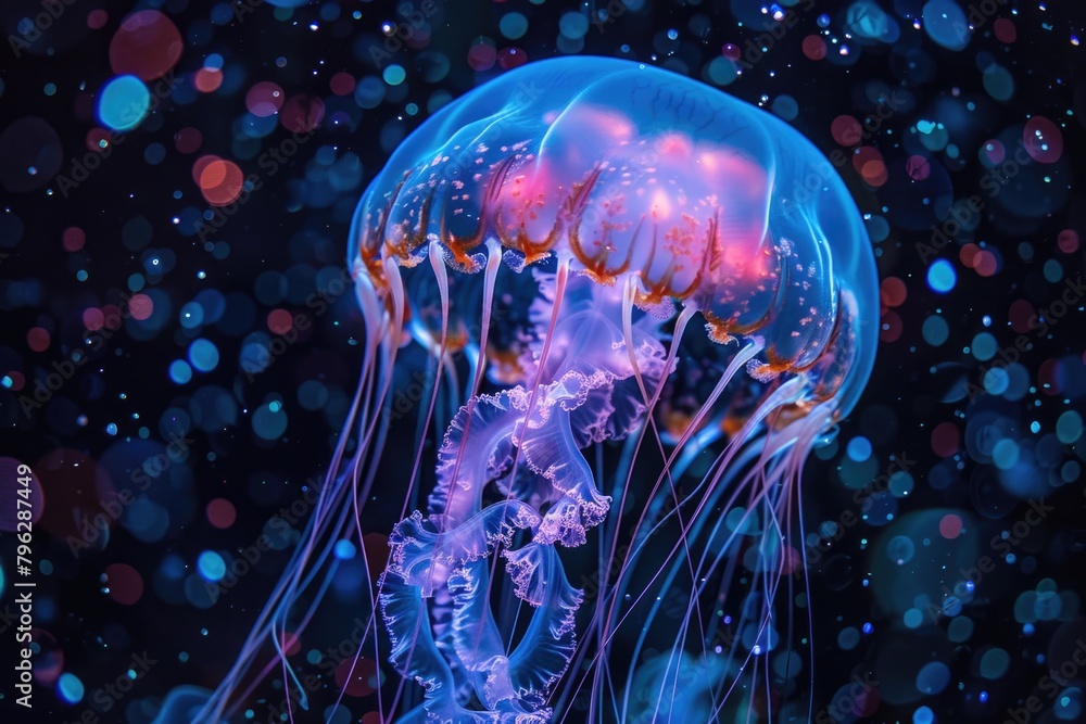 Poster a jellyfish floating in the water with bubbles in the background. suitable for marine life and under