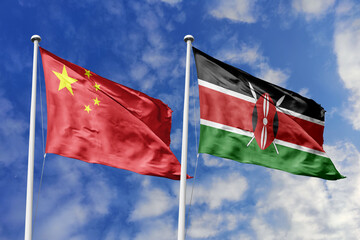 3d illustration. China and Kenya Flag waving in sky. High detailed waving flag. 3D render. Waving...