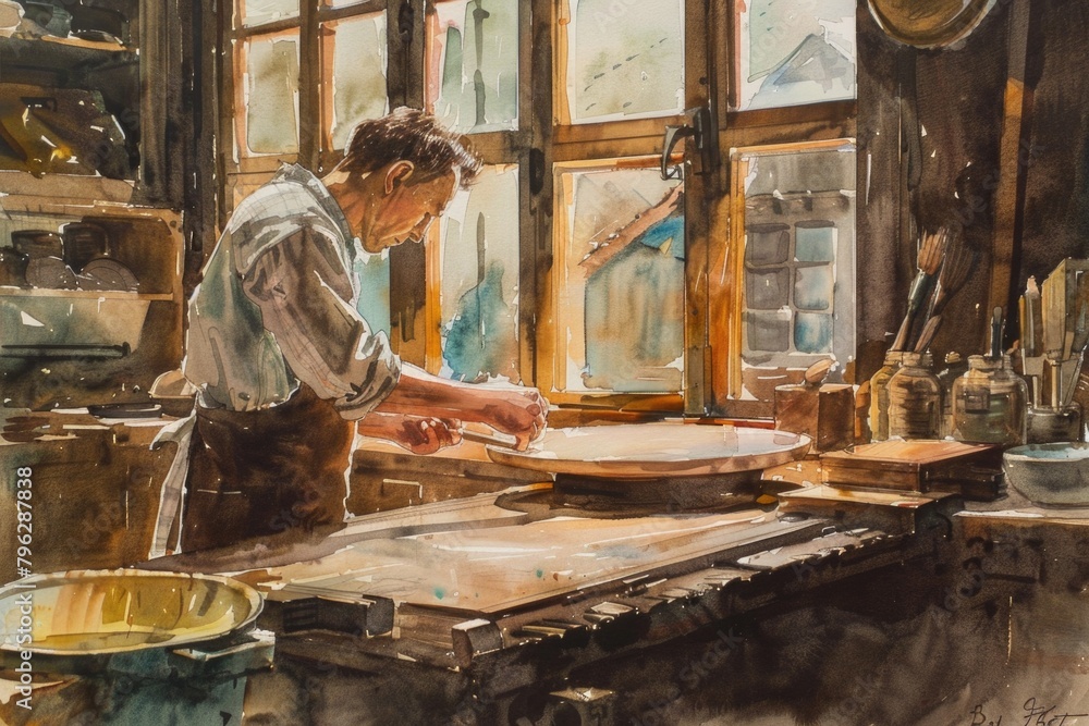 Poster a man working in a workshop, suitable for industrial concepts