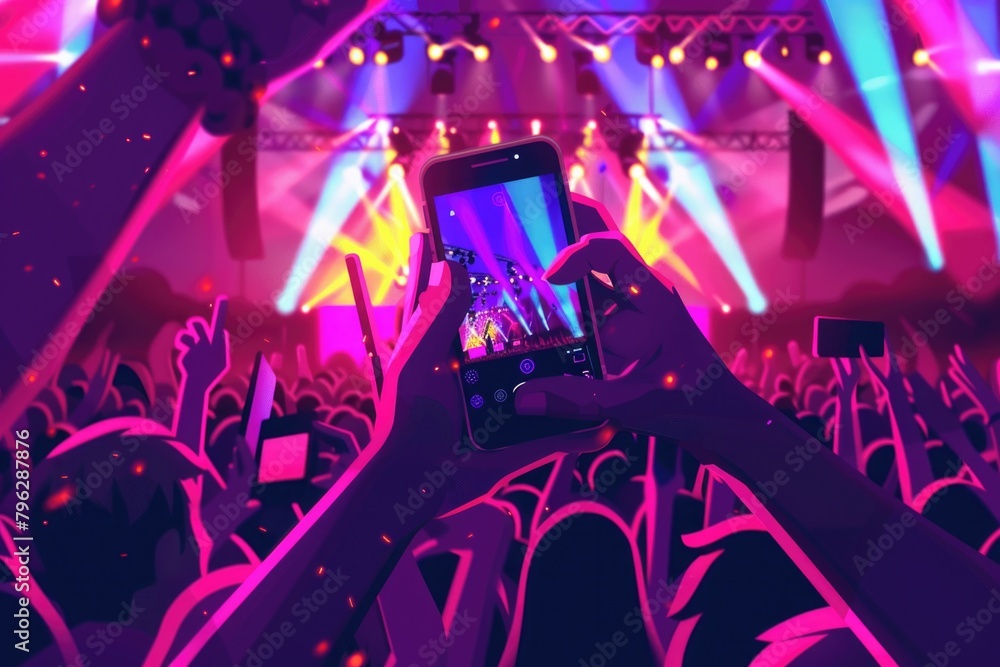Poster a person capturing a concert with their cell phone. suitable for music event concepts