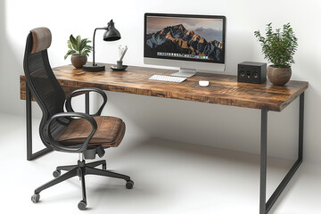 A corner desk with a sleek ergonomic chair and a desktop computer.