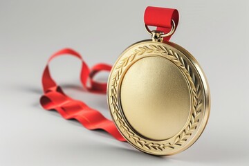 A shiny gold medal with a red ribbon, perfect for awards and achievements