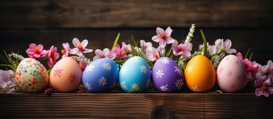 Painted eggs lined with blooming flowers