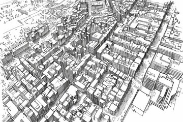 Detailed black and white drawing of a city, suitable for urban design projects