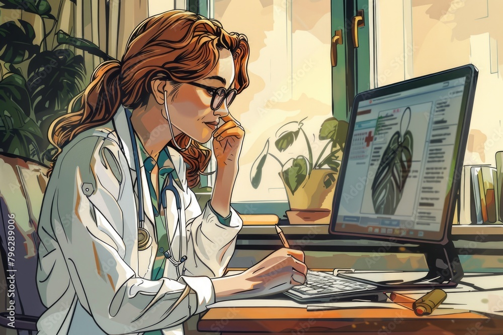 Aufkleber a woman sitting at a desk with a computer. suitable for business and technology concepts