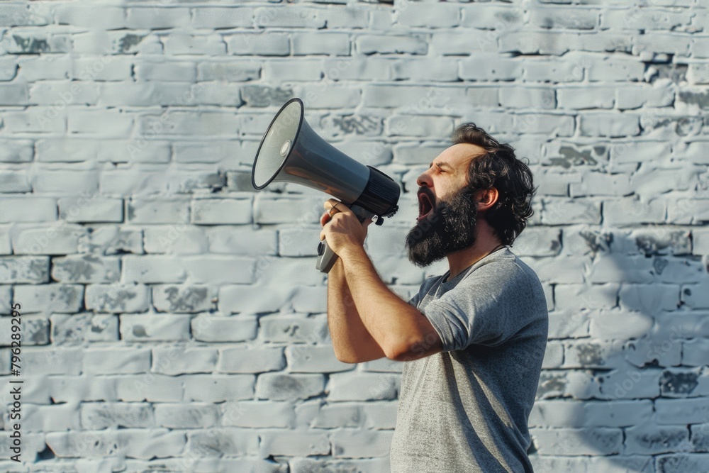 Poster a man with a beard holding a megaphone. suitable for marketing and communication concepts