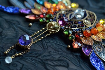 Close up of a colorful necklace on a black surface. Perfect for fashion and jewelry concepts - obrazy, fototapety, plakaty