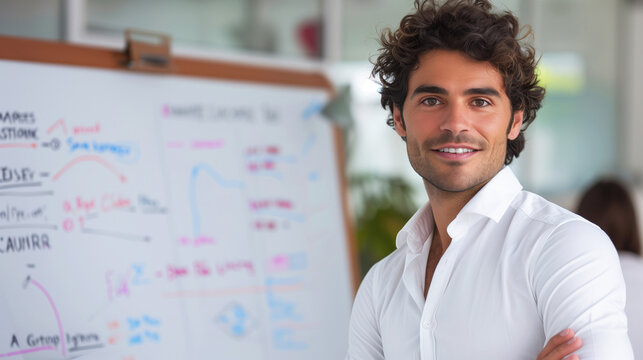 A man is drawing on a whiteboard with a smile on his face. He is drawing a diagram. Scene is positive. In a modern open-plan office setting, the man stands by a whiteboard, presenting to colleagues.