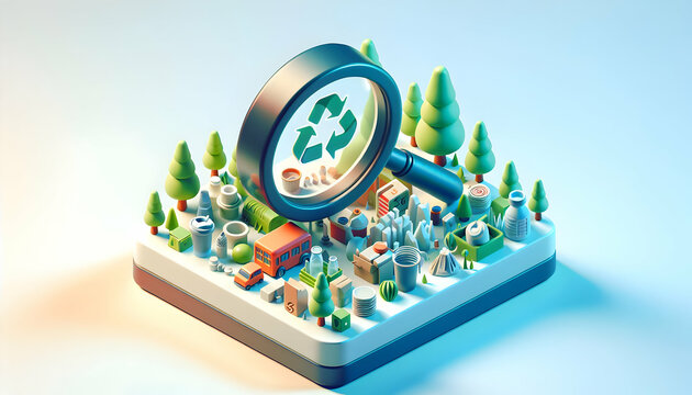 Exploring a Visionary Zero Waste Future: 3D Flat Icon with Magnifying Glass in Isometric Scene