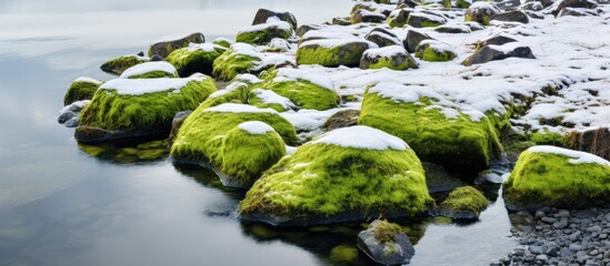 Rocks covered in green moss by a lake - Powered by Adobe