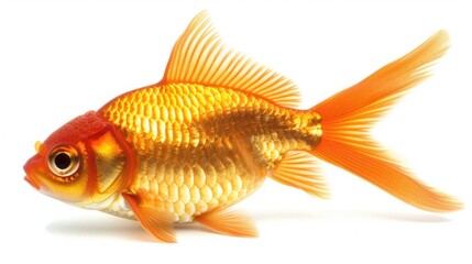 a goldfish with a big tail on a white background 