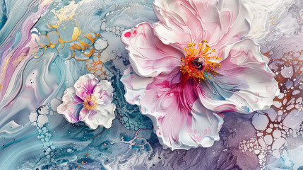 Fluid abstract expressionism, blooming flowers, Aesthetics colorful floral inspirational tenderness illustration, oil paint, Wall decoration photo, Generated AI.