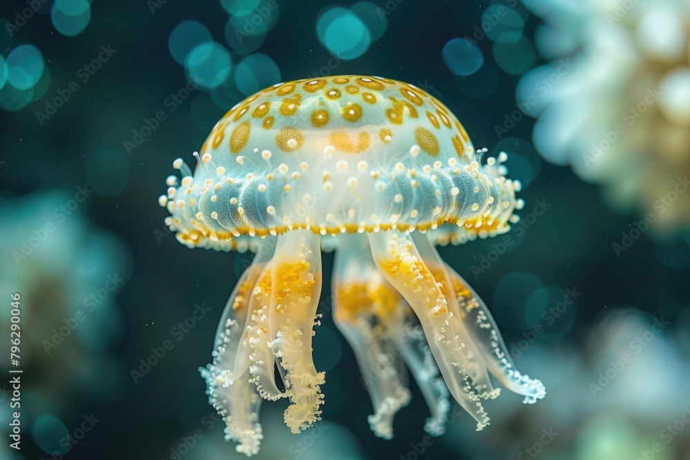 Poster a jellyfish floating in the water with bubbles. suitable for marine life concepts