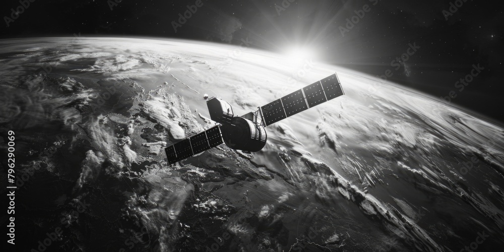 Aufkleber a black and white image of a satellite in space. suitable for technology concepts
